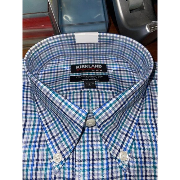 NWT Kirkland Men's Button Up Shirt Size 16 x 32/33 NWT - blue green grey plaid - Picture 2 of 2